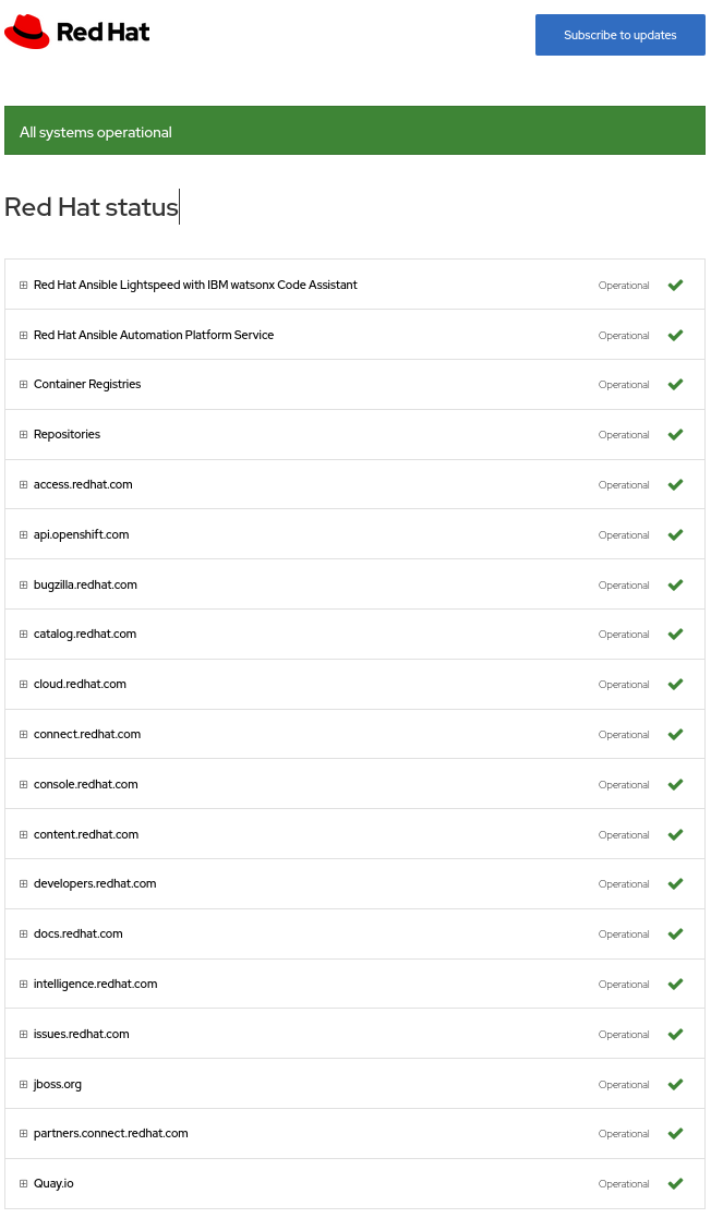 The screenshot shows a table with the monitored services at https://statushtbprolredhathtbprolcom-s.evpn.library.nenu.edu.cn and their current status.